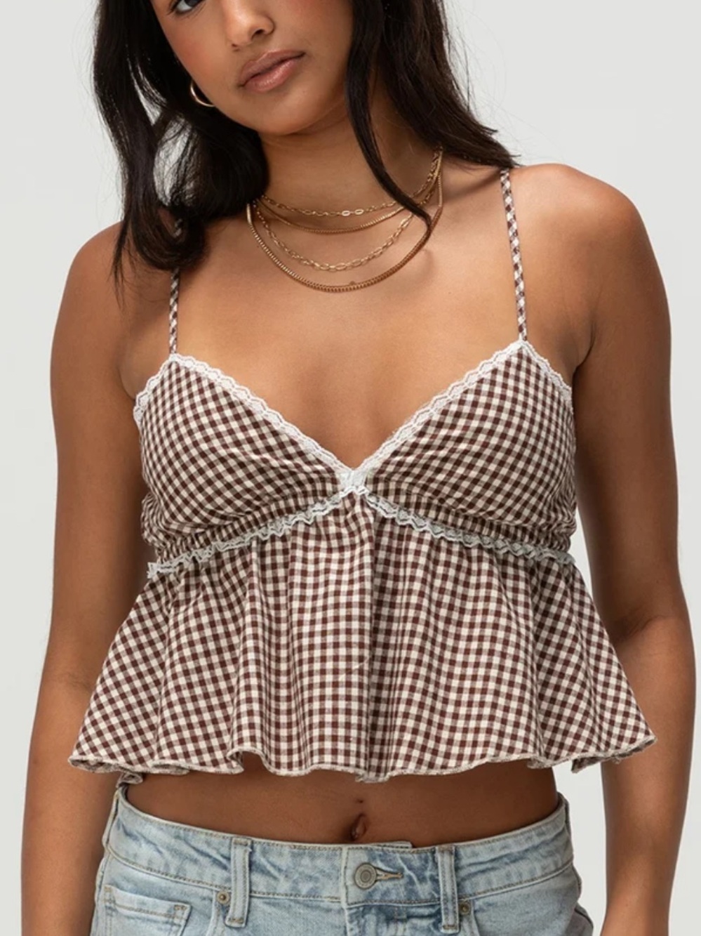 RSQ Brown Gingham Ruffle Top